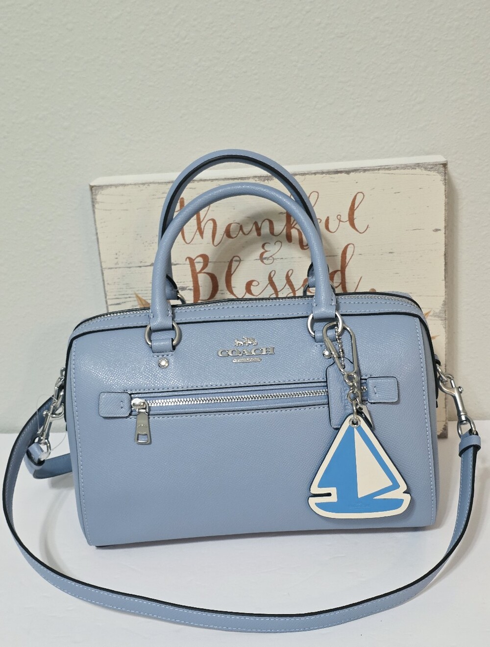 Coach ROWAN Medium Twilight Baby Blue Crossbody Bag 79946 + Sailboat Keychain